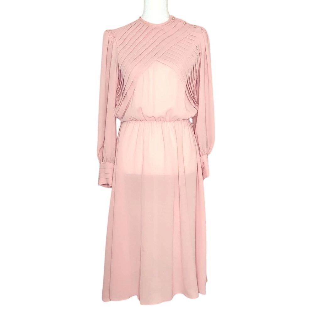 Vintage 70s ZiZi Petites Pink Pleated Dress Women's 6 Chiffon Twee Costume